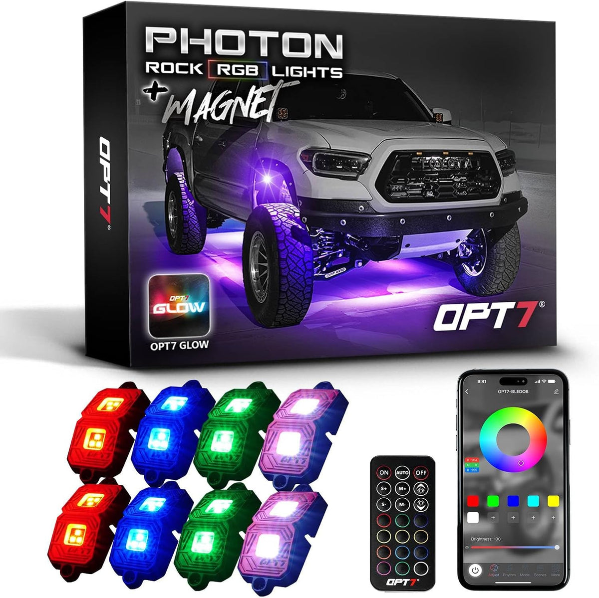 OPT7 Photon RGB LED Magnet Rock Lights with APP & Remote Control, 8 Red Pods Wide Angle Multicolor Neon Underglow Lighting Kit with Extension Wire, IP68 Waterproof for Offroad Truck Jeep RZR ATV UTV