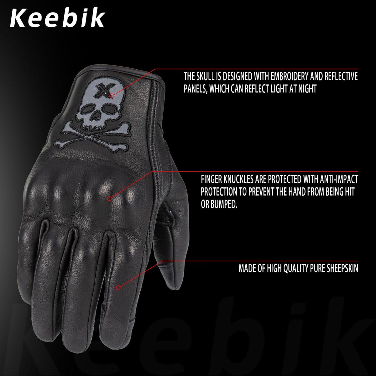 Goatskin Leather Motorcycle Motorbike Powersports Racing Gloves Reflective Skull Touchscreen for Men and Women Model
