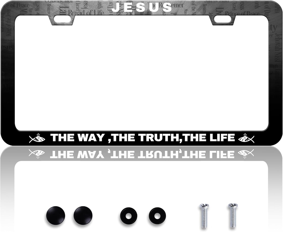 Jesus The Way The Truth The Life License Plate Frame Cross License Plate Frames Personalise Stainless Steel Funny Design Compatible with Standard License Plate Holder for USA Canada 6 X 12 Inch