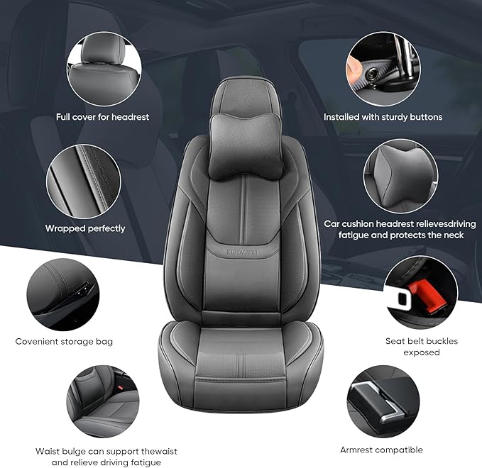 Auto Car Seat Covers Accessories Front Seat Leather Cushion Protector Breathable Waterproof Seat Cover for Cars Universal Fit (Grey, Front Pair)