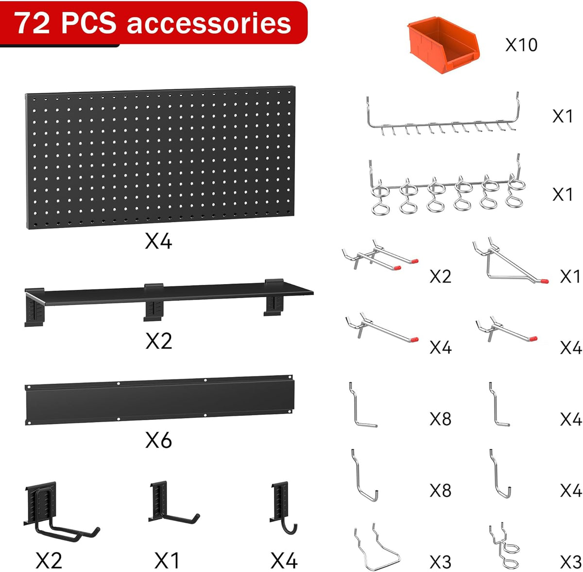 Ultrawall Black Pegboard Wall Organizer, 48X 36 inch for Garage Storage with Hooks, Storage Bins, Tool Panel Organizer, 72pcs