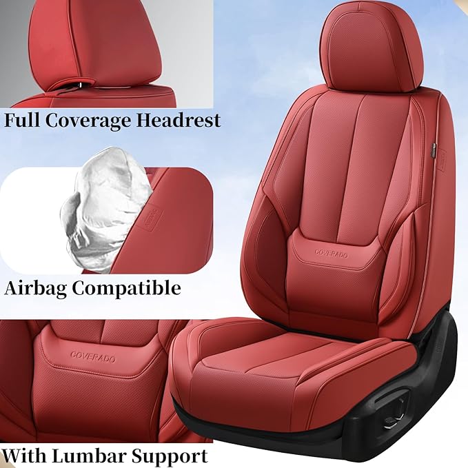 Coverado Seat Covers, Car Seat Covers Front Seats, Car Seat Cover, Car Seat Protector Waterproof, Car Seat Cushion Nappa Leather, Red Seat Covers Carseat Cover Universal Fit for Most Cars