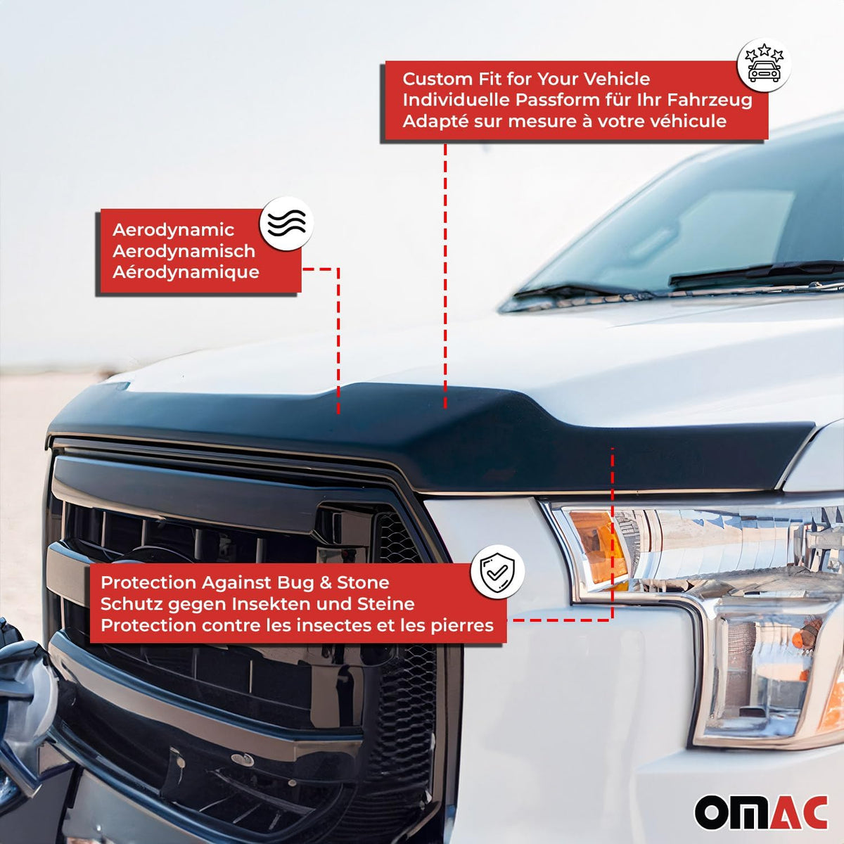 OMAC Front Bug Shield Hood Deflector for Mercedes Sprinter W907 910 2019-2025, 3 Pcs, All Weather, Black