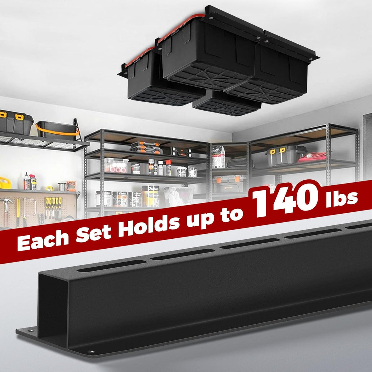 Adjustable Overhead Garage Storage Rack System – Heavy-Duty Ceiling Bin Rail Organizer for Most Storage Bins, Fits 3 Bins per Set (4 Sets Included)