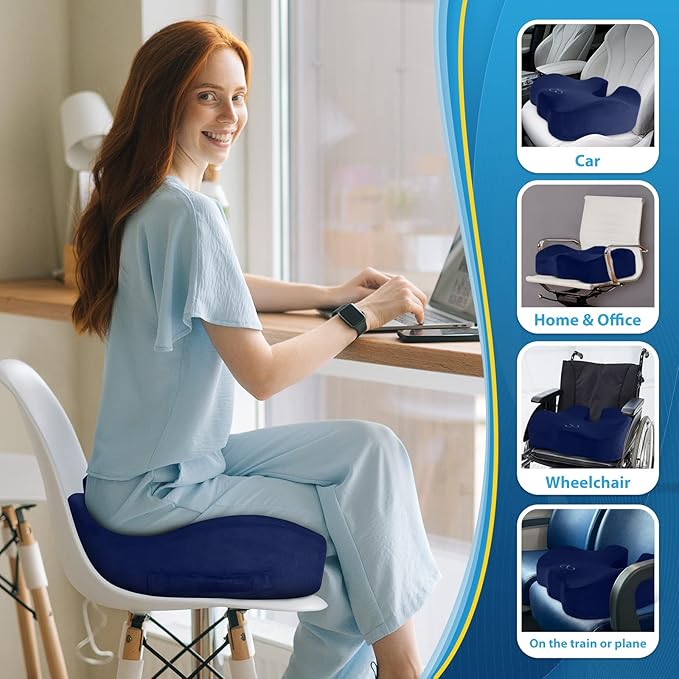 BlissTrends Seat Cushion,Thick Memory Foam Cushions for Office Chair, Car Seat, Airplane, Relieving Pressure Tailbone Sciatica Back Pain for Long Sitting Office Workers, Car Drivers 4.7in Thick Blue