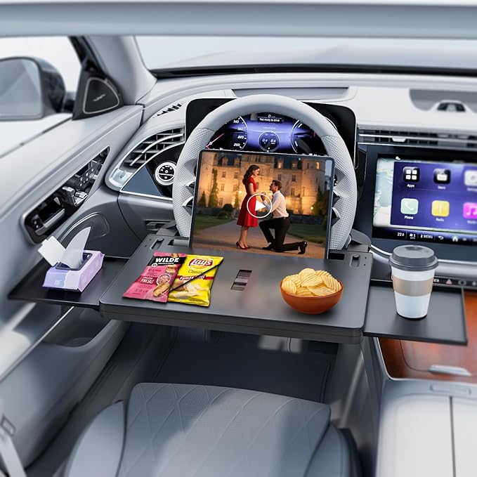 Steering Wheel Tray, Car Food Tray, Car Desk for Laptop, Multipurpose Car Table for Eating & Work, Adjustable Car Tray with Drawer and Anti-Slip Protective Adhesive