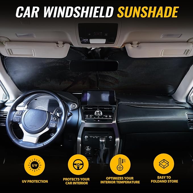 Car Windshield Sun Shade - Reflector Sunshade Offers Ultimate Protection for Car Interior, Cool Reflective Sun Blocker Fits Small Sedans, Mini SUVs