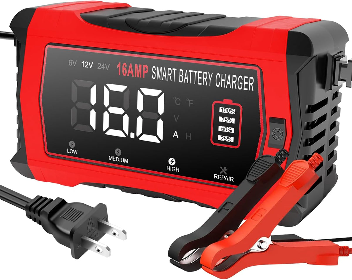 16-Amp 24V/12V/6V Portable Car Battery Charger,Smart LiFePO4 Lithium Lead-Acid Battery Charger,Trickle Charger,Maintainer w/Temperature Compensation for Motorcycles Boats ATVs Lawn Mowers