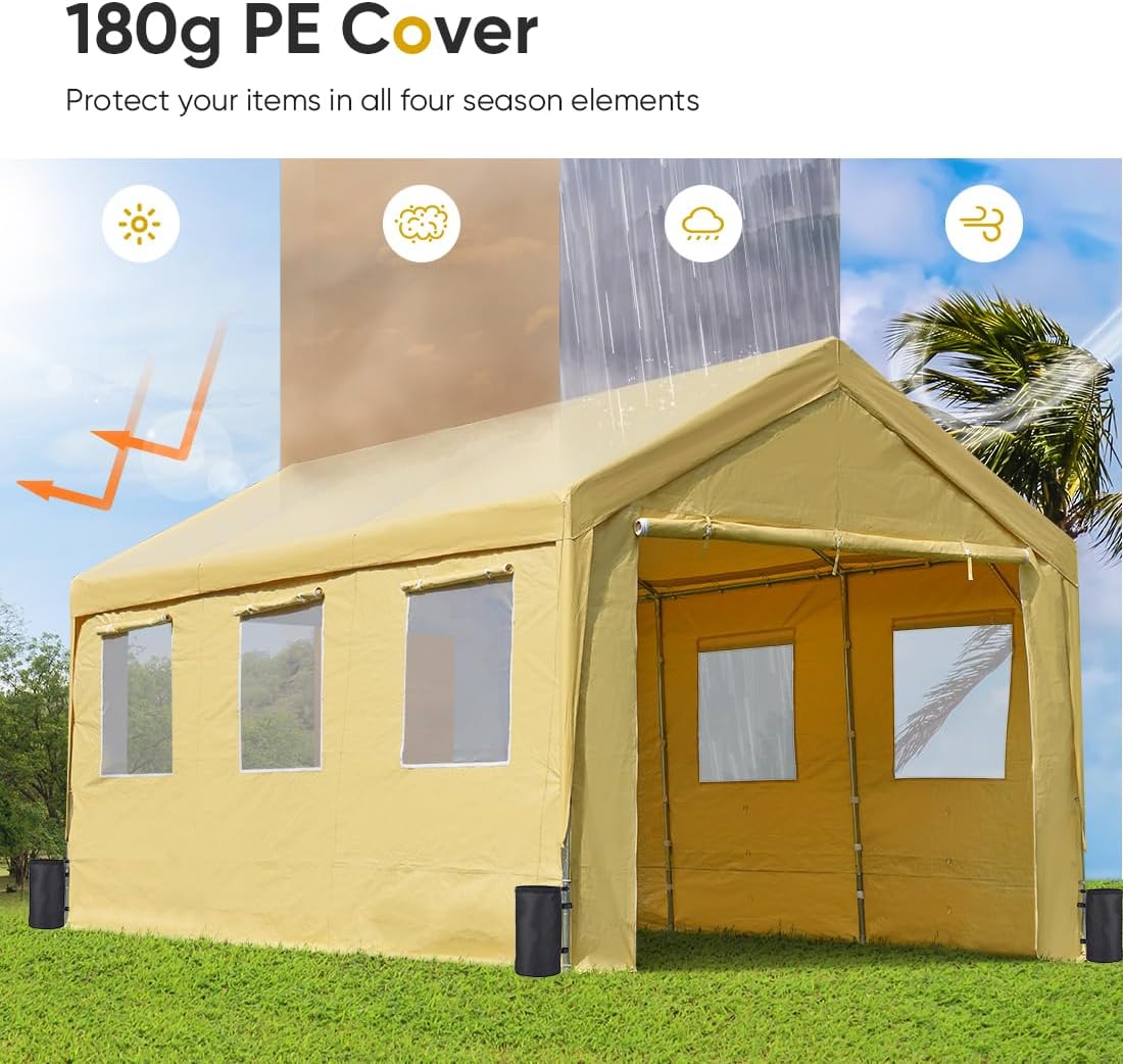 ADVANCE OUTDOOR 10x20 ft Adjustable Height Carport with Removable Window Sidewalls and Doors, Heavy Duty Car Canopy Garage Party Tent Boat Shelter with Reinforced Poles, Beige