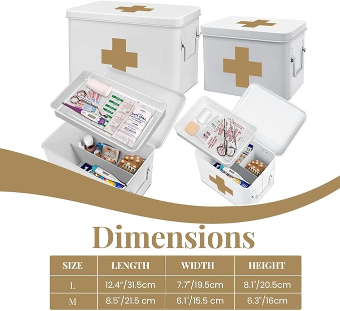 Flexzion First Aid Medicine Box Supplies Kit Organizer - Empty 8" White Metal Tin Medic Storage Bin Hard Case with Removable Tray Black Cross, Vintage Antique Boxes for Home Family Emergency Tool Set