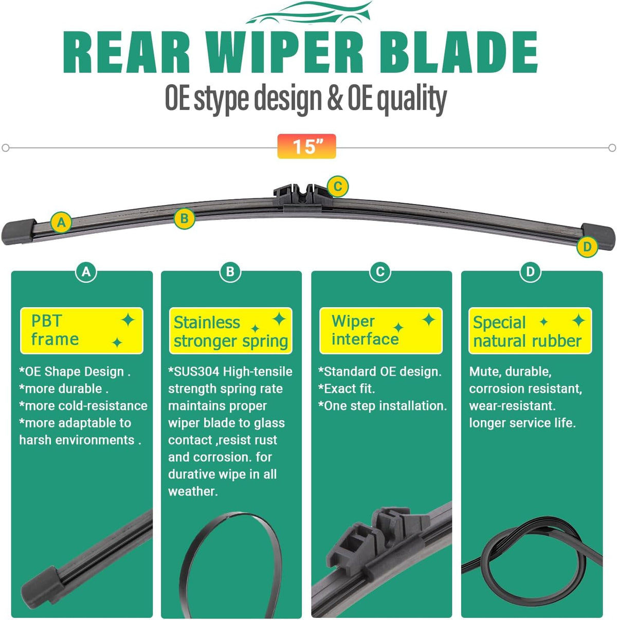 24" 20" 15" Windshield Wiper Blades Replacement for Ford Mustang Mach-E 2021 2022 2023 2024 Mustang Mache Premium All Weather Front Rear Wipers Set - OEM Quality (Pack of 3)