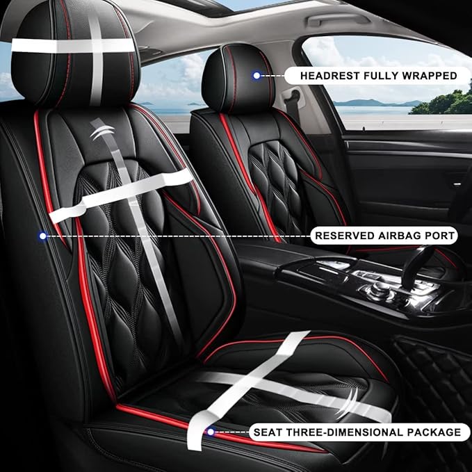 AOMSAZTO Front Seat Covers Fit for Kia Optima 2002-2020 Waterproof Faux Leather Car Seat Cover Compatible with Airbag(2PCS Front, Black&Redline)