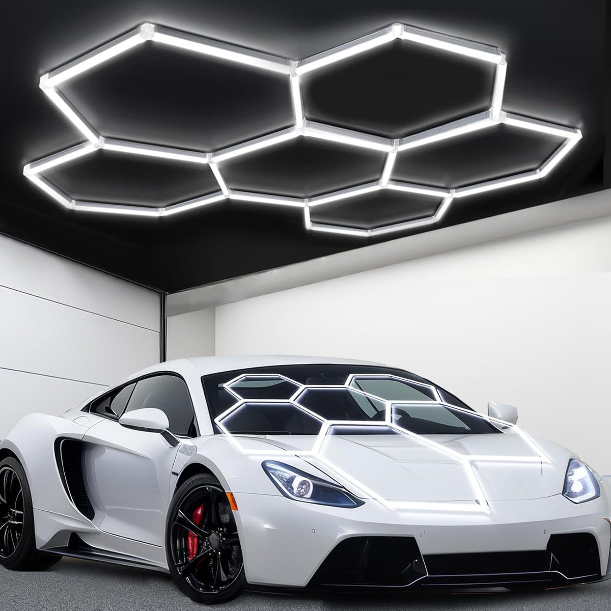 tewei Hexagon LED Garage Light, 6 Grids Hexagon Car Detailing Lighting Fixture 6500K Daylight White LED Shop Light, 265W, 26500LM Super Bright Ceiling Lights for Workshop, Warehouse, Gym, Basement