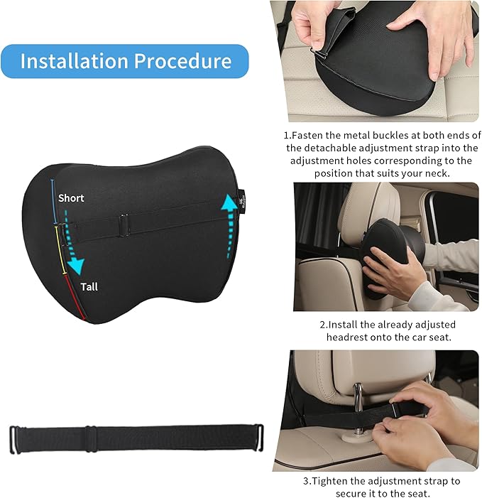2-Pack Car Neck Pillow with Height-Adjustable,Car Headrest Pillow for Neck Support Relieves Driving Fatigue, Soft Memory Form and Ergonomic Design Fits Most Car Seats(Matte Black)