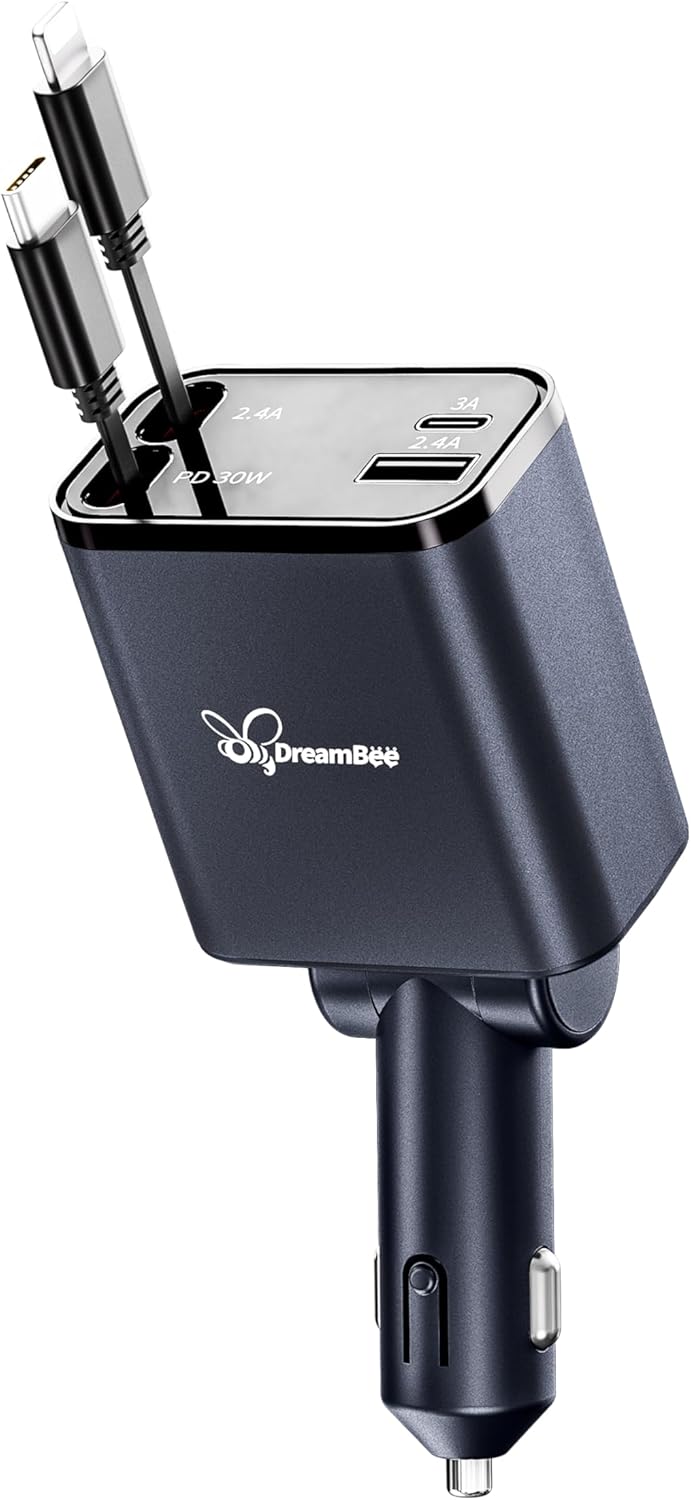 DreamBee Retractable Car Charger,custom-made modelRetractable Cables (31.5 inch) and 2 USB Ports Car Charger, PT-27