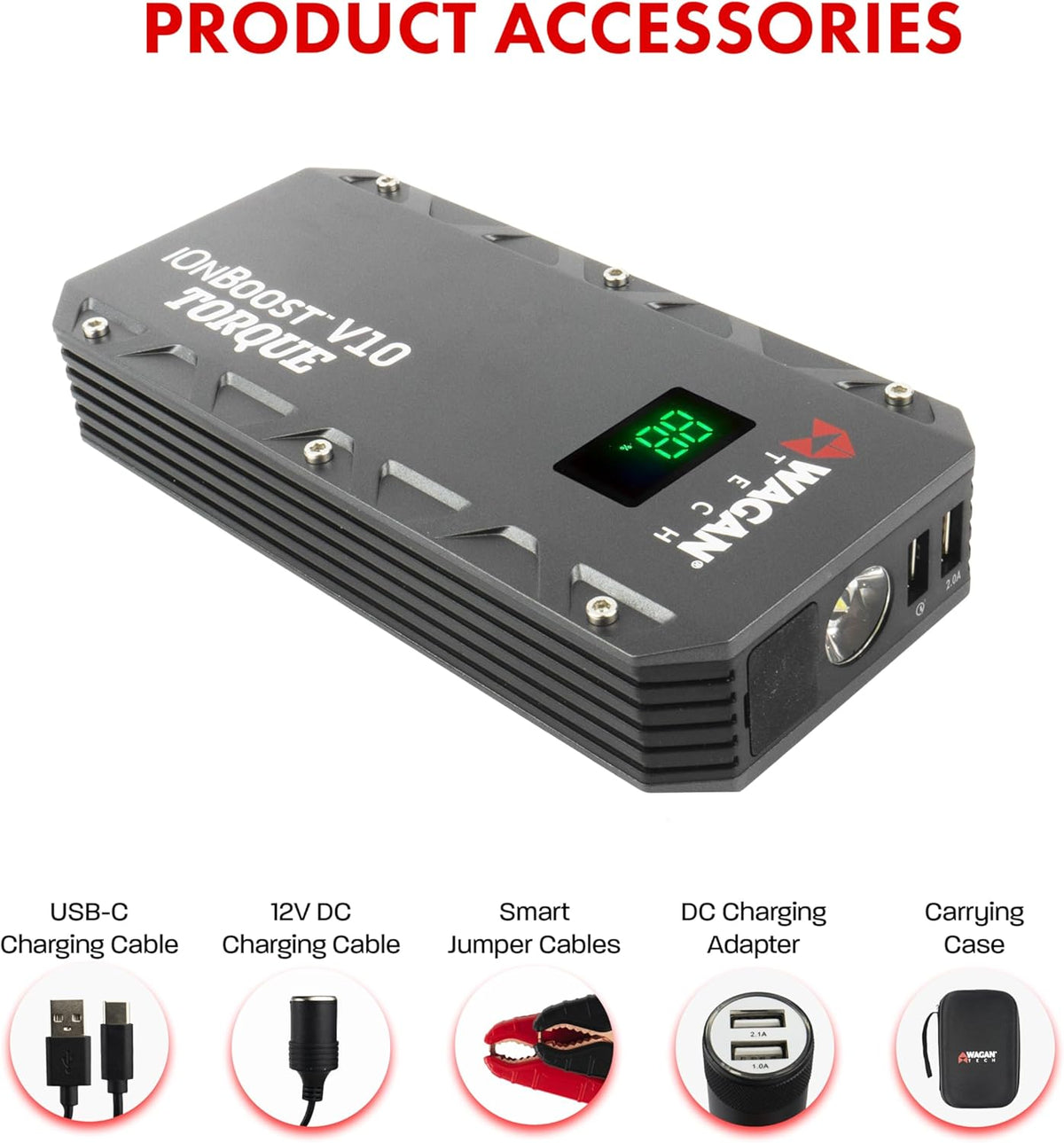 Wagan EL7507 Jump Starter iOnBoost V10 Torque 1000Amp Peak 12V Portable Lithium Car Battery Up to 7.8L V10 or 6.7L Diesel, 12V Jump Pack with Built-in LED Bright Light, UL Certified