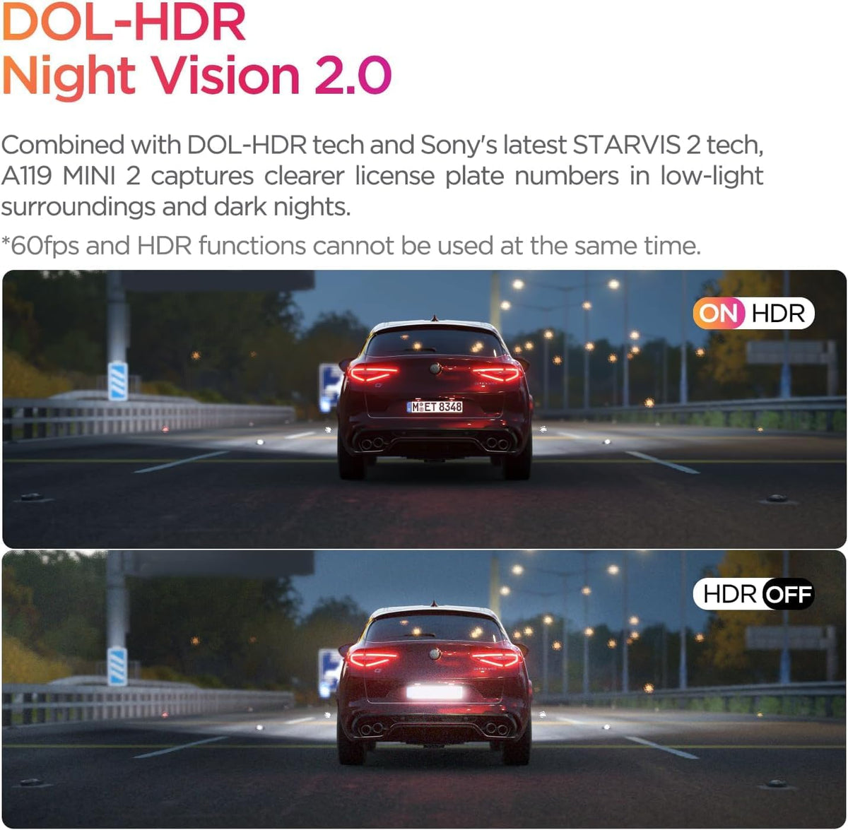 VIOFO Dash Cam A119 Mini 2, STARVIS 2 Sensor, 2K 60fps/HDR 30fps Voice Control Car Dash Camera with 5GHz Wi-Fi GPS, Night Vision 2.0, 24H Parking Mode, Supercapacitor, Support 512GB Max