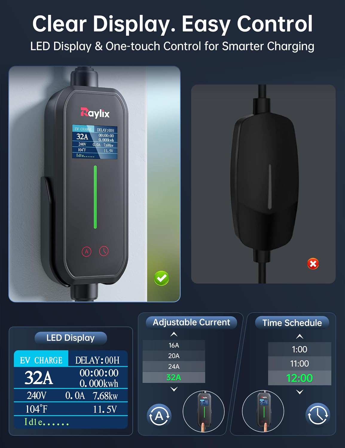 Raylix 32A Level 2 EV Charger, 240V 7.68kW Mobile Electric Car Charger with 21ft Cable [Adjustable Current & Delay Charging] Portable EV Chargers for All SAE J1772, NEMA 14-50 Plug 4 Prong Plug
