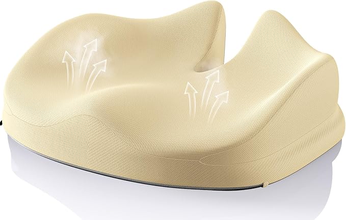 Benazcap Large Seat Cushion for Office Chair Memory Foam Coccyx Pain Relief Cushion Pillow for Back Support Non-Slip Seat Pad for Office Desk, Car Seat, Wheelchair, Sciatica-Beige