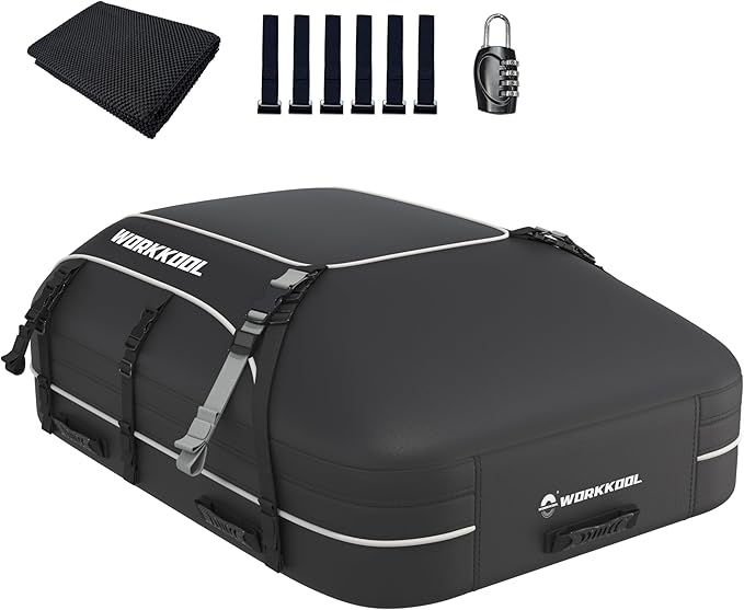 Rooftop Cargo Carrier Vehicle Soft-Shell Carriers, Heavy Duty Car Roof Bag Waterproof Without Rack, Car Topper Luggage Carrier-with 6 Hooks,Mat&Coded Lock(15 Cuft)