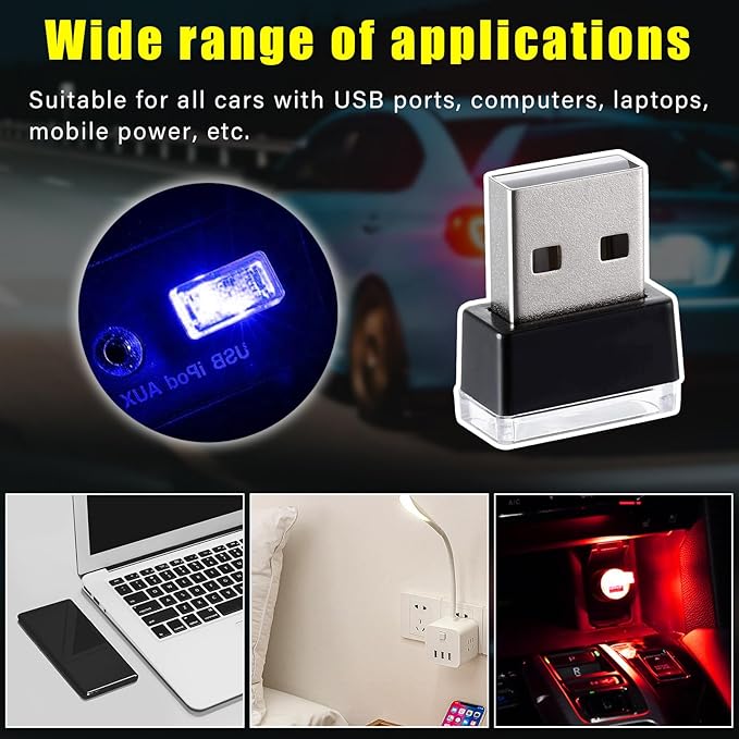 Augeny 4 PCS USB LED Car Interior Atmosphere Lamp, Plug-in USB Decor Night Light, Portable Auto Ambient Lighting Kit, Universal Vehicle Interior Accessories for Most Cars (Red & Blue)