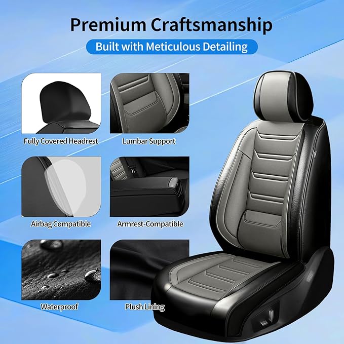 Fit Ridgeline Car Seat Covers for Select Honda Ridgeline 2007-2026 - Premium Full Coverage Leather, Airbag Compatible, Waterproof & All Weather Seat Cushion Protector, Full Set, Black+Gray