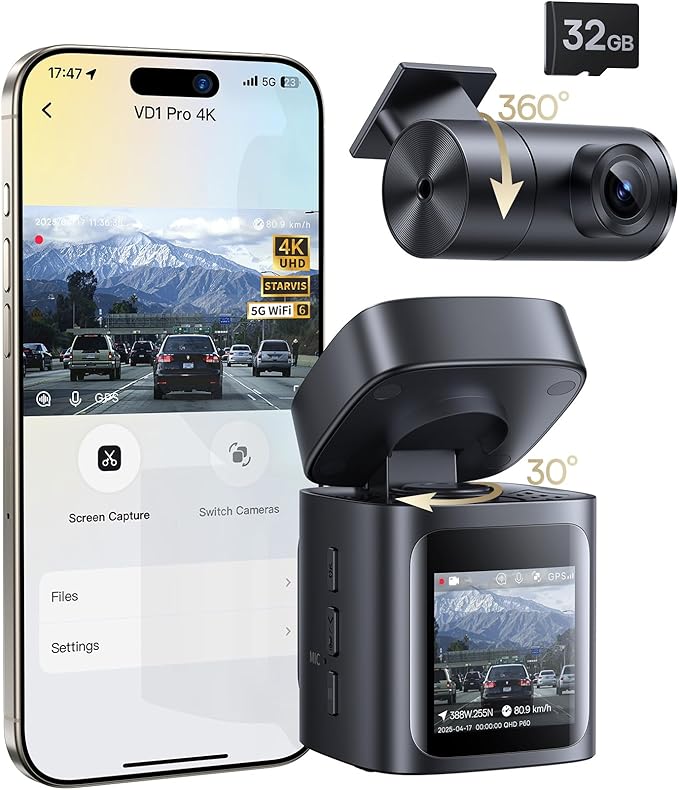 Baseus VD1 Pro Solar Dash Cam Front and Rear, 4K+1080P Dash Camera for Cars, Battery Powered Parking Mode, Starvis Night Vision, 32 GB Card Included, 5GHz WiFi, GPS, Wide Angle,Voice Control