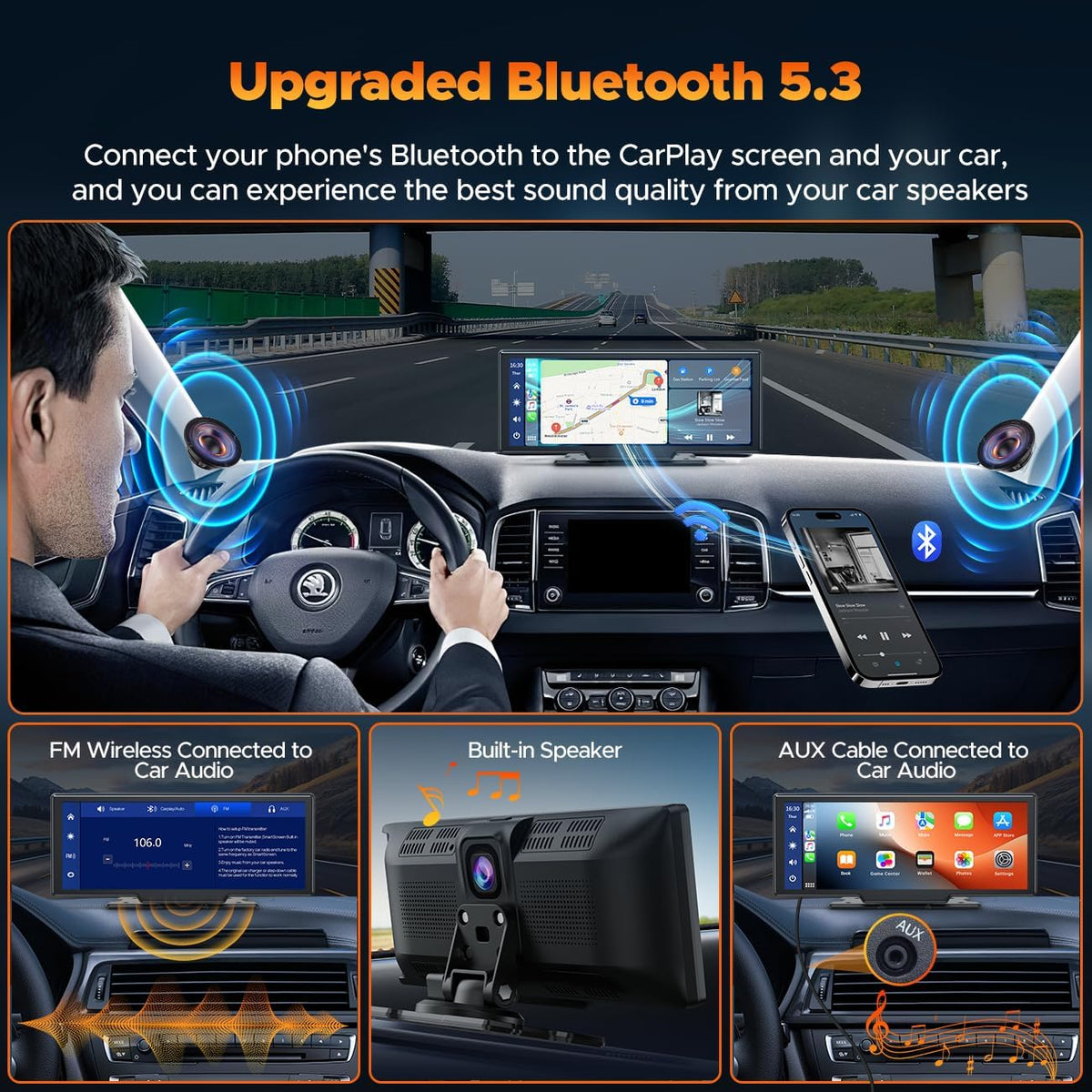 Volam Wireless Carplay Screen for Car with 2.5K Dash Cam, 1080p Backup Camera, 9.26" Portable Car Stereo with Apple Carplay Android Auto, Mirror Link, Loop Recording, GPS Navigation, AUX/FM