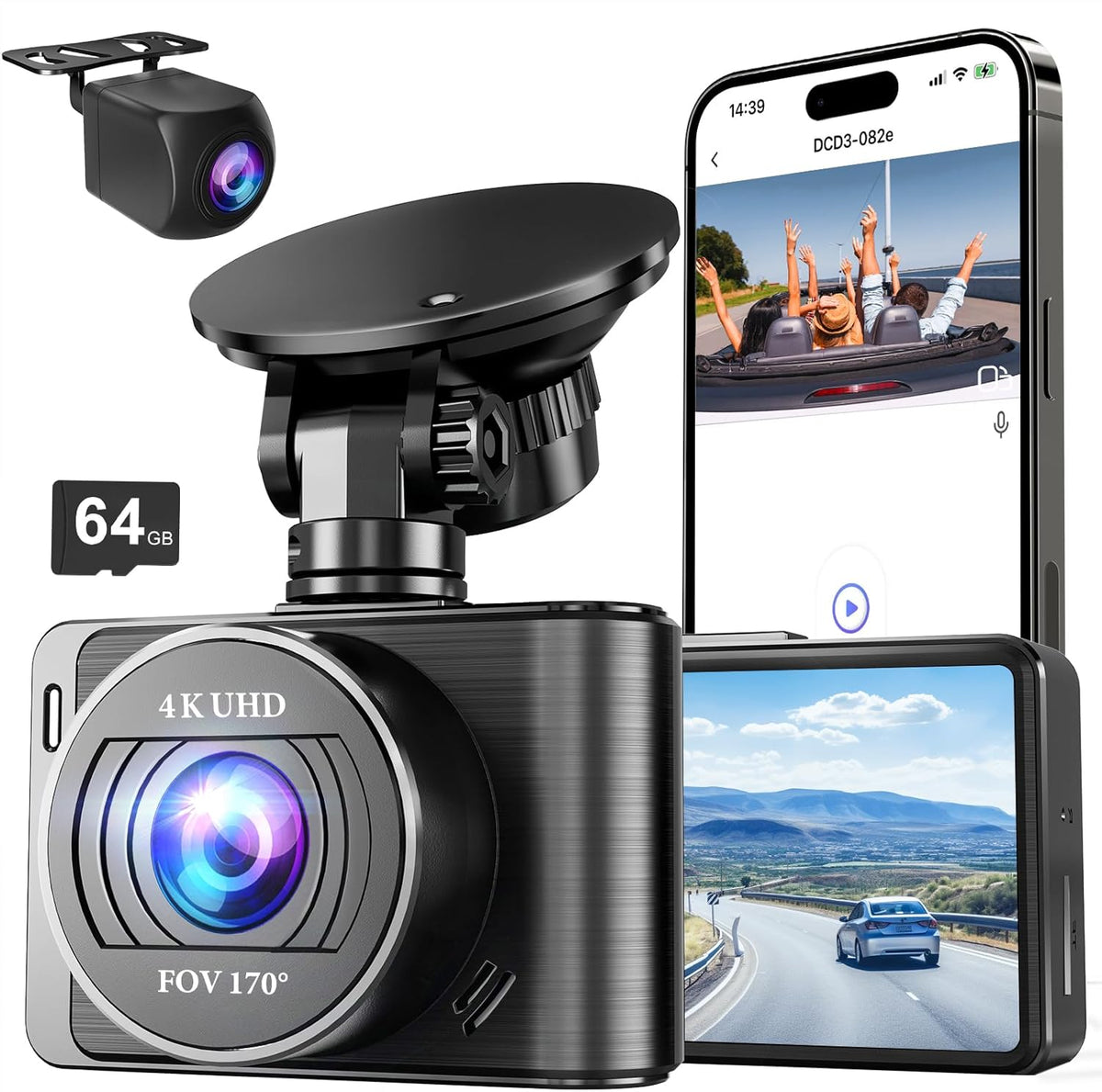 Dash Camera, 4K/1080p Dash Camera Front and Rear, Built-in 5GWiFi, Dash Cam with 64GB SD Card, Full HD 2.0” IPS Screen, for App Control, G-Sensor, Loop Recording, and Parking Mode