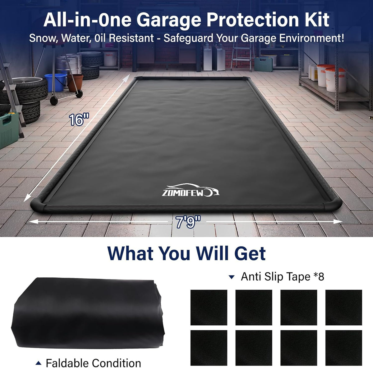 Garage Car Mat, Non-Slip Garage Floor Mat, Heavy Duty Waterproof Containment Mat for Snow Ice Water and Mud (7'9" x 16')