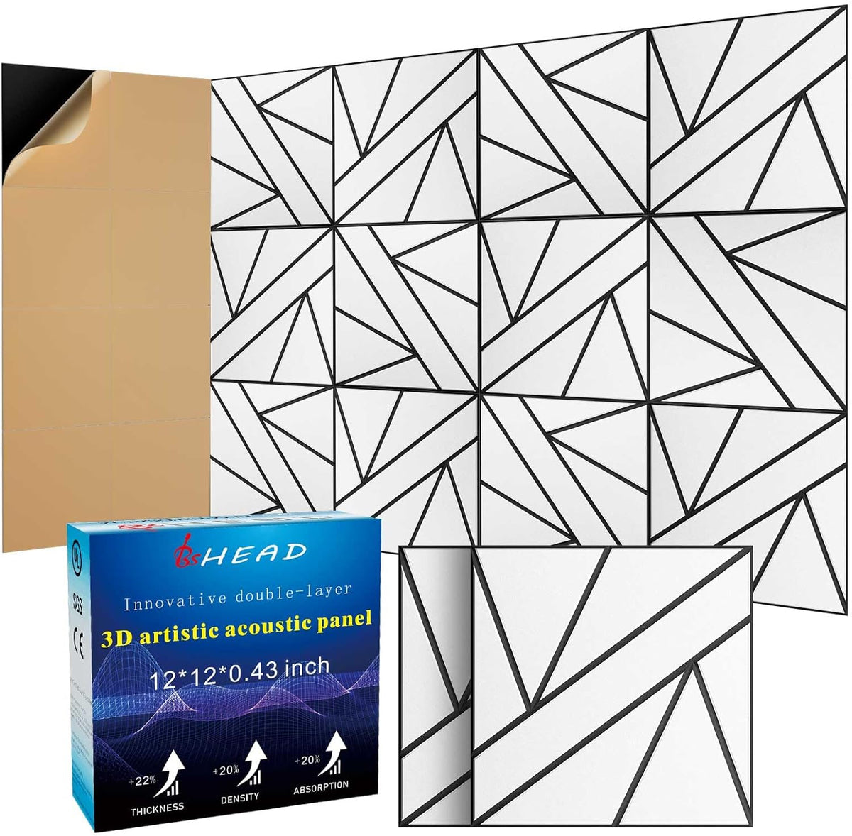 8 Pack 2-Layer Large Soundproof Wall Panels, 15.7 x 15.7 x 0.43 in Sound Proof Foam Panels for Walls, 1.2lb/ft* High Density,3D Acoustic Panels,Artistic Noise Dampening Panels White&Black