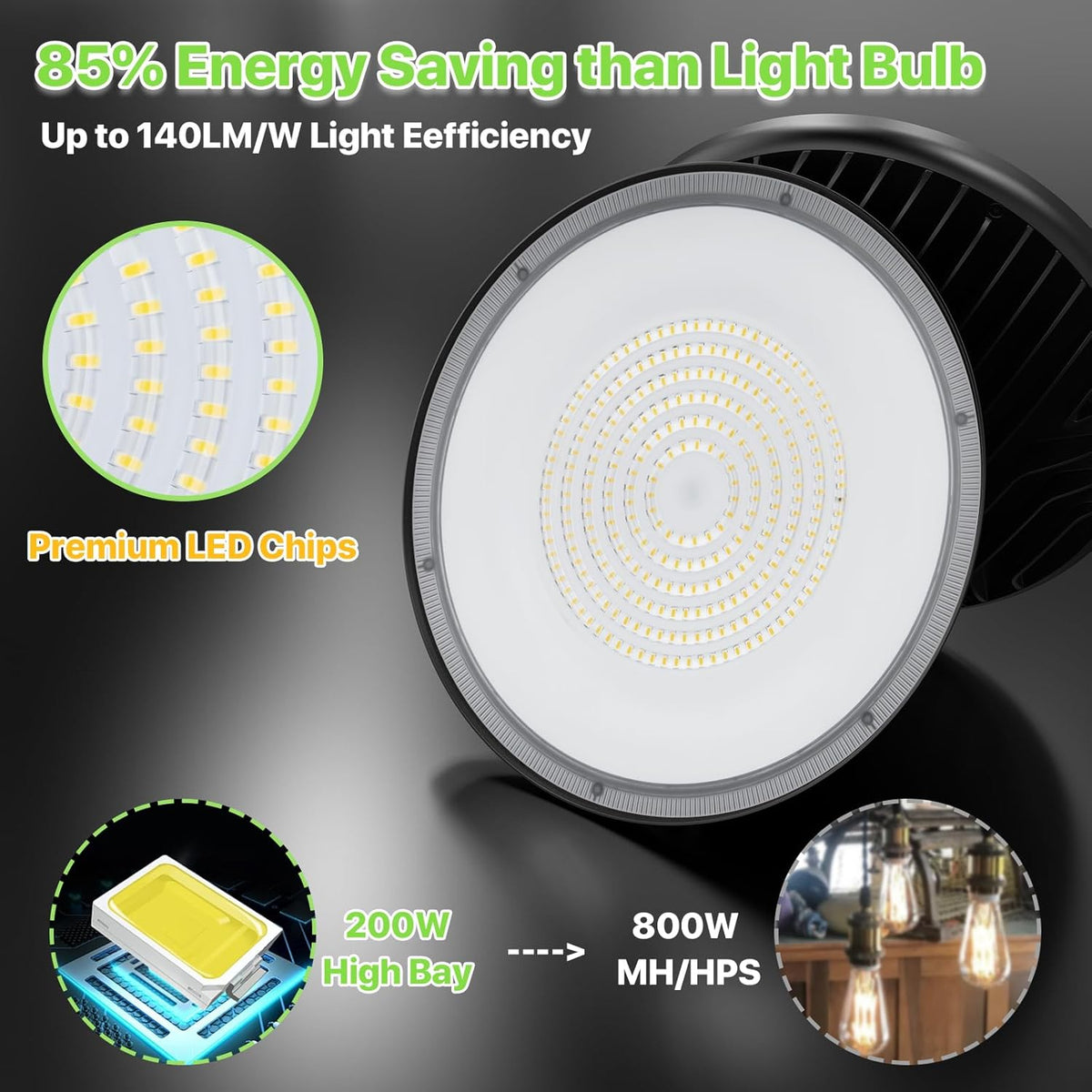 LED High Bay Light 200W, 28000LM 5000K UFO High Bay LED Light with US Plug, Hanging Hook, IP65 Waterproof Commercial Bay Lighting for Barn, Warehouse, Factory ETL Listed