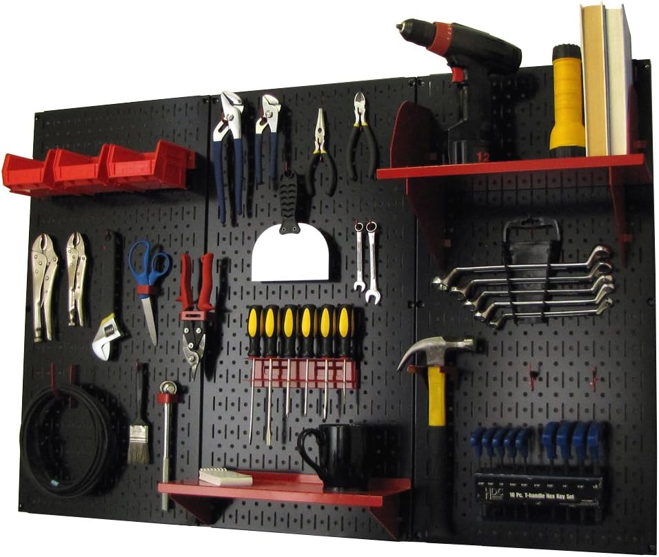 Wall Control Pegboard Organizer 4 ft. Metal Pegboard Standard Tool Storage Kit with Black Toolboard and Red Accessories