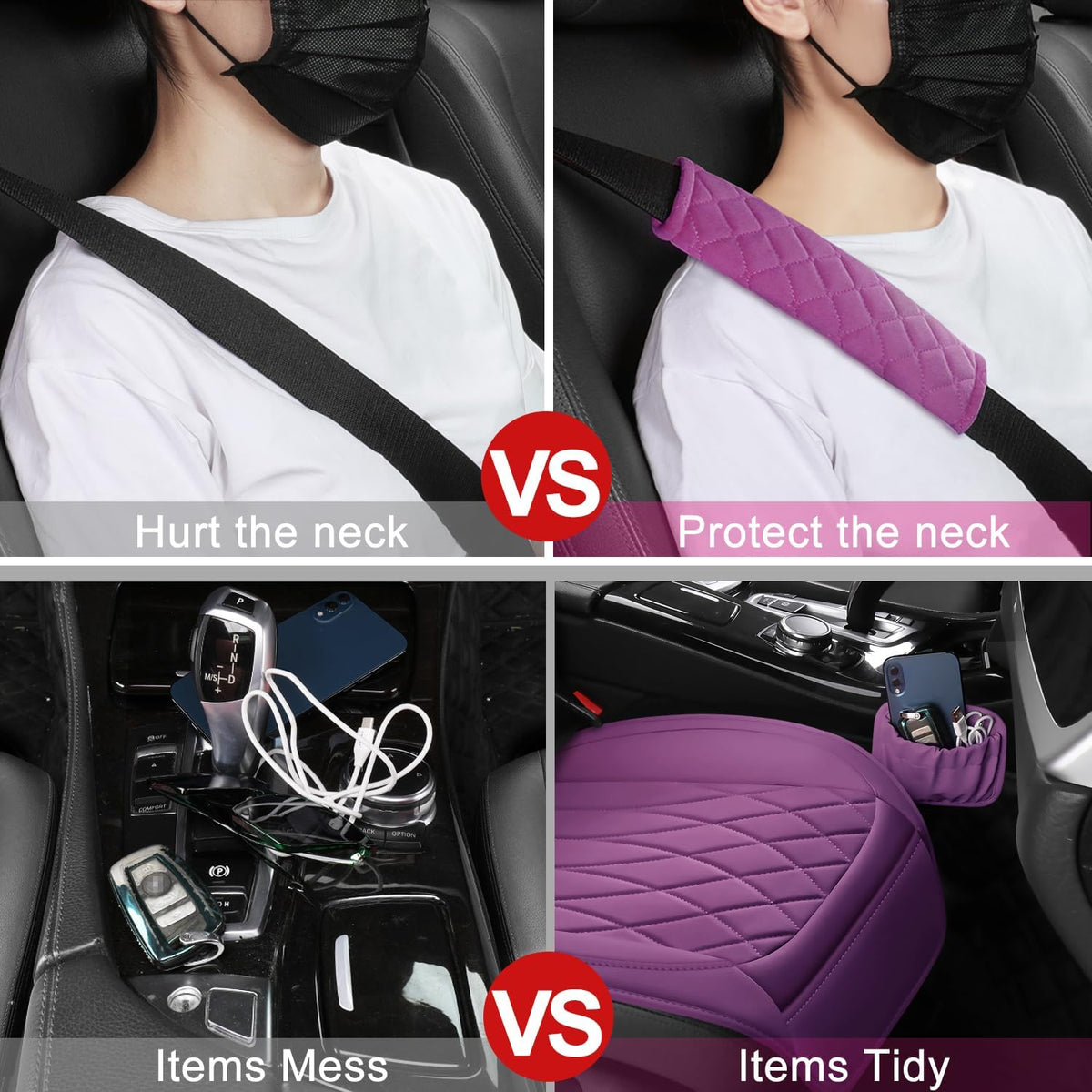 2 Pack Leather Front Car Seat Covers, Universal Sideless Car Seat Protectors with Storage Pocket and Seat Belt Pads, Waterproof Automotive Seat Cover for Cars Trucks SUV(Purple)