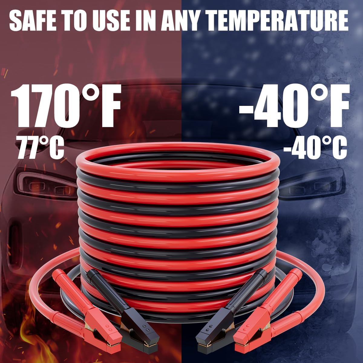 Heavy Duty Jumper Cables for Car Battery, 0 Gauge 30 Feet 1000AMP, Automotive Booster Cables for Jump Starting Dead or Weak Batteries, Suitable for 8L Gas & 6L Diesel, Carrying Bag Included