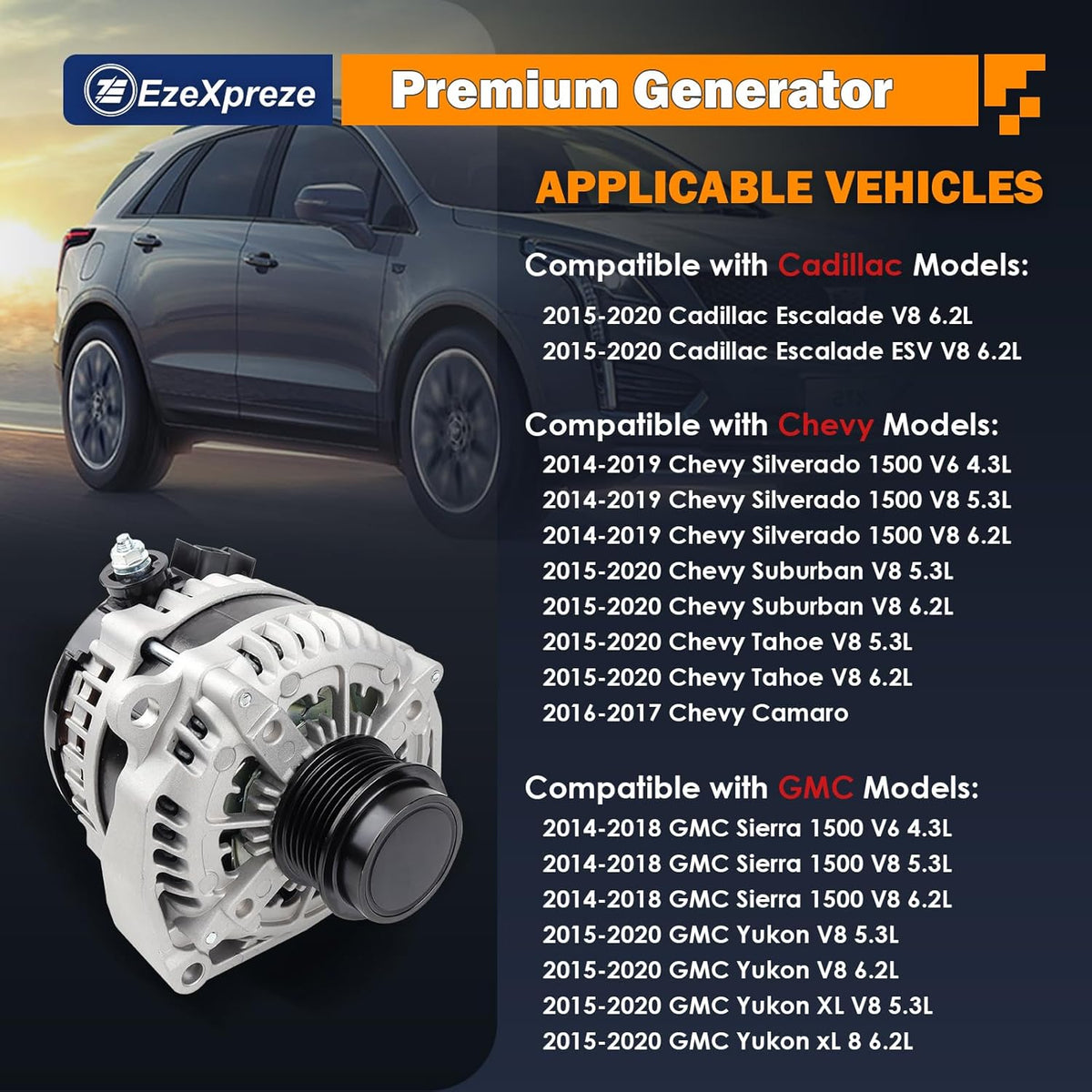 EZEXPREZE Alternator Fit for 2014-18 GMC Sierra and Chevy Silverado 1500, 2015-20 Chevy Suburban Tahoe GMC Yukon Cadillac Escalade - Replaces for 22949467 1042106870 84143540 170 Amp 12V