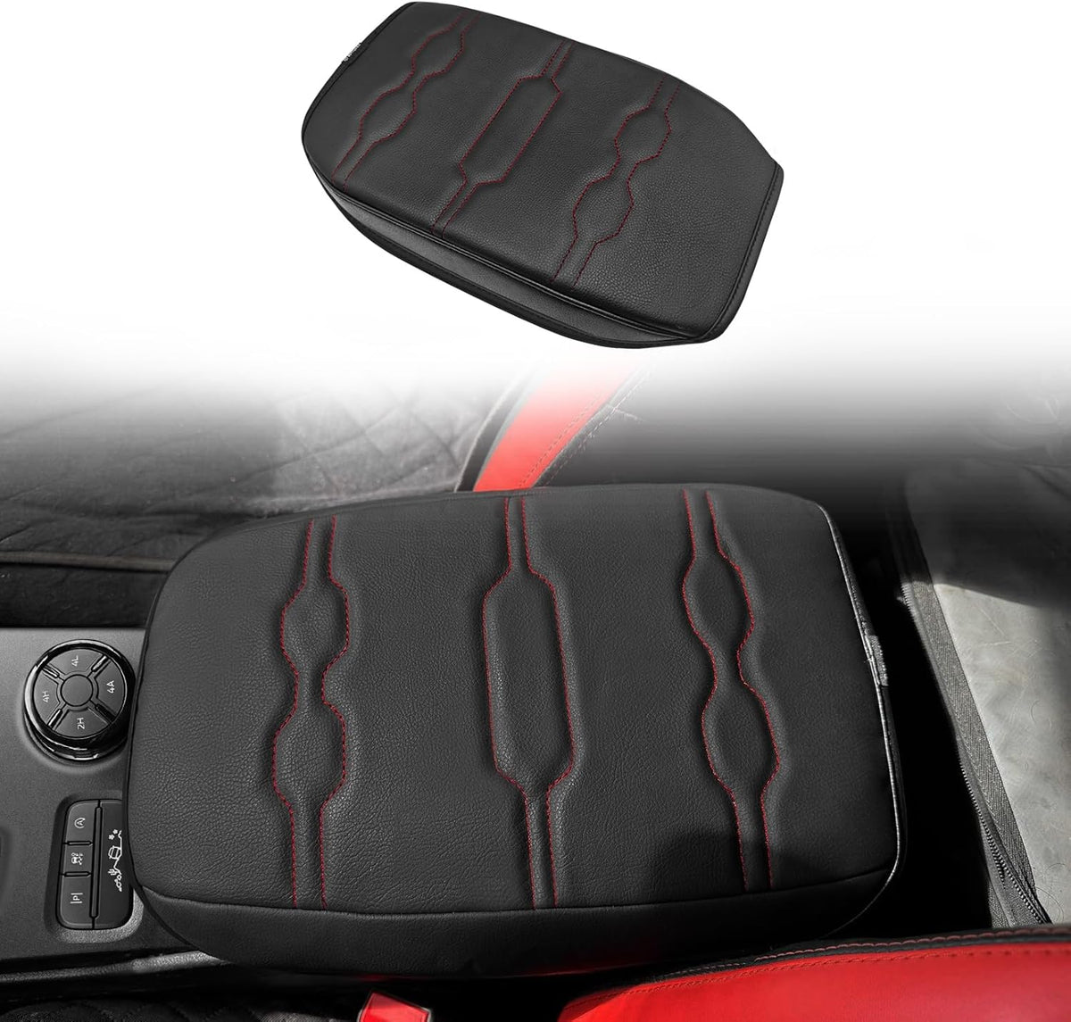 Muslogy Center Console Armrest Cover Compatible with Ford Ranger 2024 2025 Accessories Comfort Armrest Pad Cushion Box Lid Cover Vegan Leather Protector Regular Thick(Black/Orange Stitching)