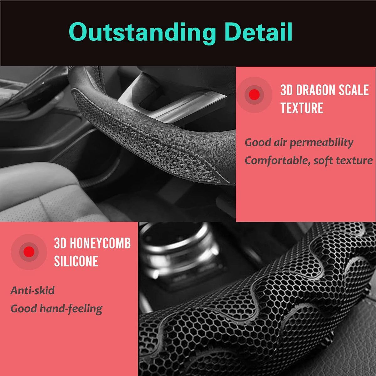 PINCTROT D Shaped 14 Inch Small Sized Steering Wheel Cover Great Grip with 3D Honeycomb Anti-Slip Design, Flat Bottom 14 Inch (All Black)