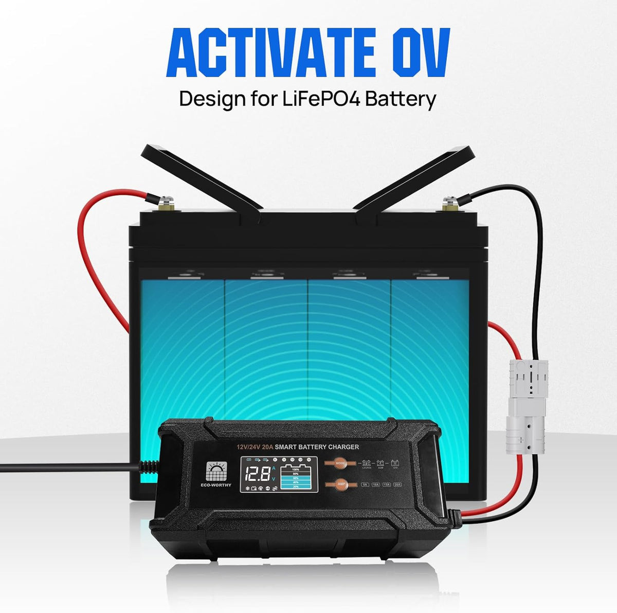 ECO-Worthy 12V/24V 20A Smart Battery Charger Maintainer, Auto Voltage Detect for LiFePO4 Lead-Acid with Multi-Current Options 5A/10A/15A/20A, Trickle Charger for Car Truck Motorcycle Lawn Mower