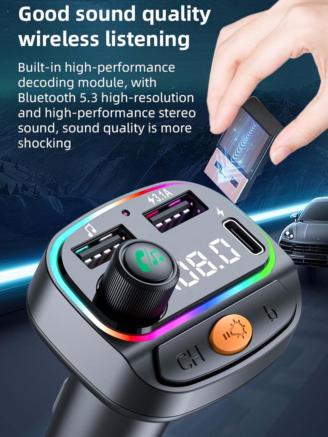 Bluetooth 5.3 FM Transmitter for Car, Wireless Car Charger with 7-Color RGB Breathing Light, Hi-Fi Sound Quality & Hands-Free Calling, Fast Charging, USB/UMP3 Play, Universal Fit for iPhone Android