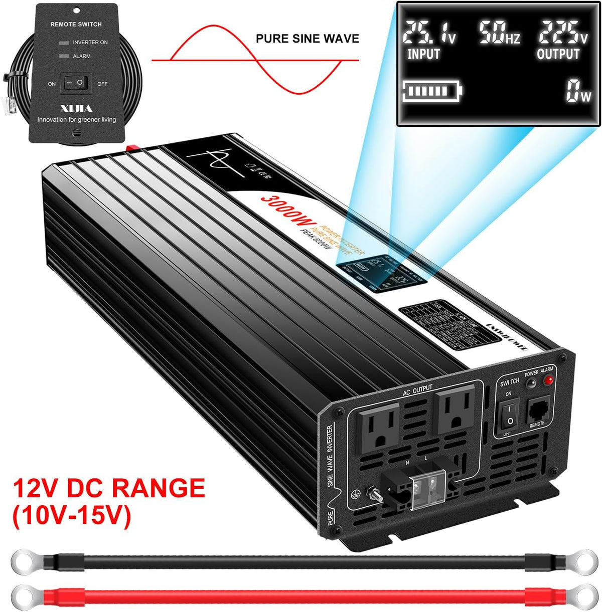 DC 12v AC 120V 60HZ Pure sine Wave 3000w Solar Power Inverter with Remote Switch&Soft Start for Home (DC12V (Range 10V-15V) 3000W)…