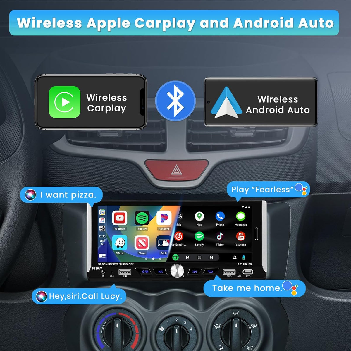 6.9 Inch Single Din Car Stereo with Wireless Carplay Android Auto, HD Touchscreen Radio Receiver with Bluetooth5.0 Audio FM/RDS EQ SWC Mirror Link USB/Type-C Port Backup Camera