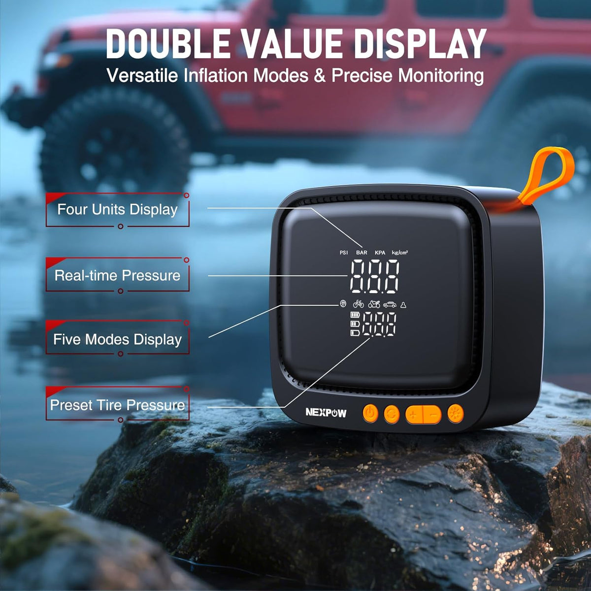NEXPOW Tire Inflator Portable Air Compressor, 180 PSI Cordless Air Pump for Car Tires with Digital Pressure Gauge & Auto Shut-Off, Air Compressor Portable for Car, Motorcycle, Bicycle, Ball, Orange