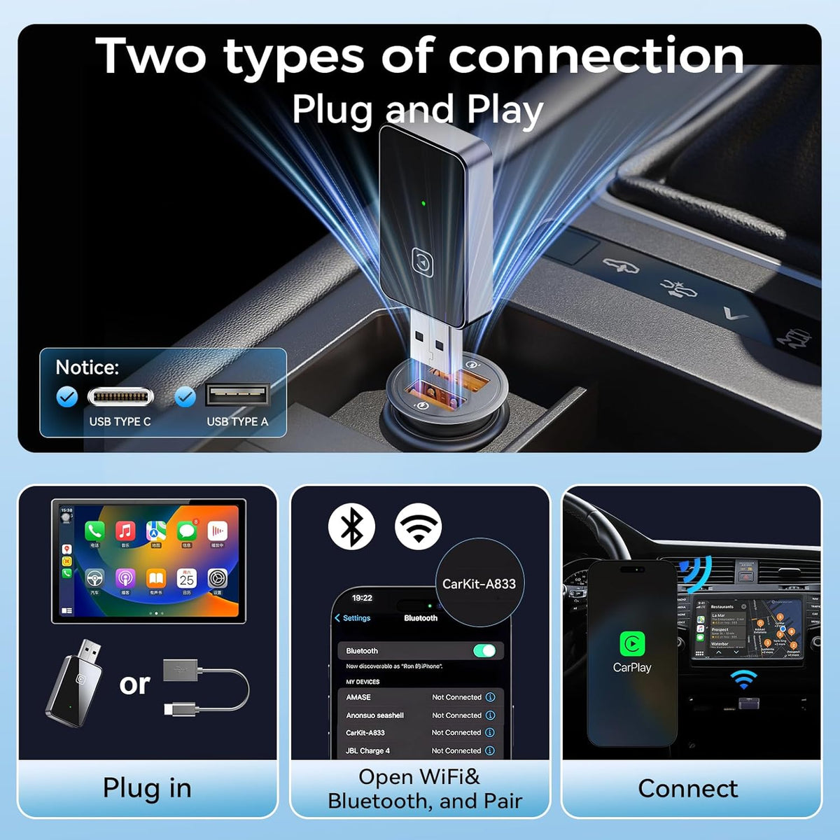 Wireless CarPlay Adapter for iPhone, for Apple CarPlay Wireless Adapter Android Auto 2 in 1, Plug and Play, Convert Wired Carplay to Mini Wire Less Car Play for iPhone iOS 10+ Android 11+