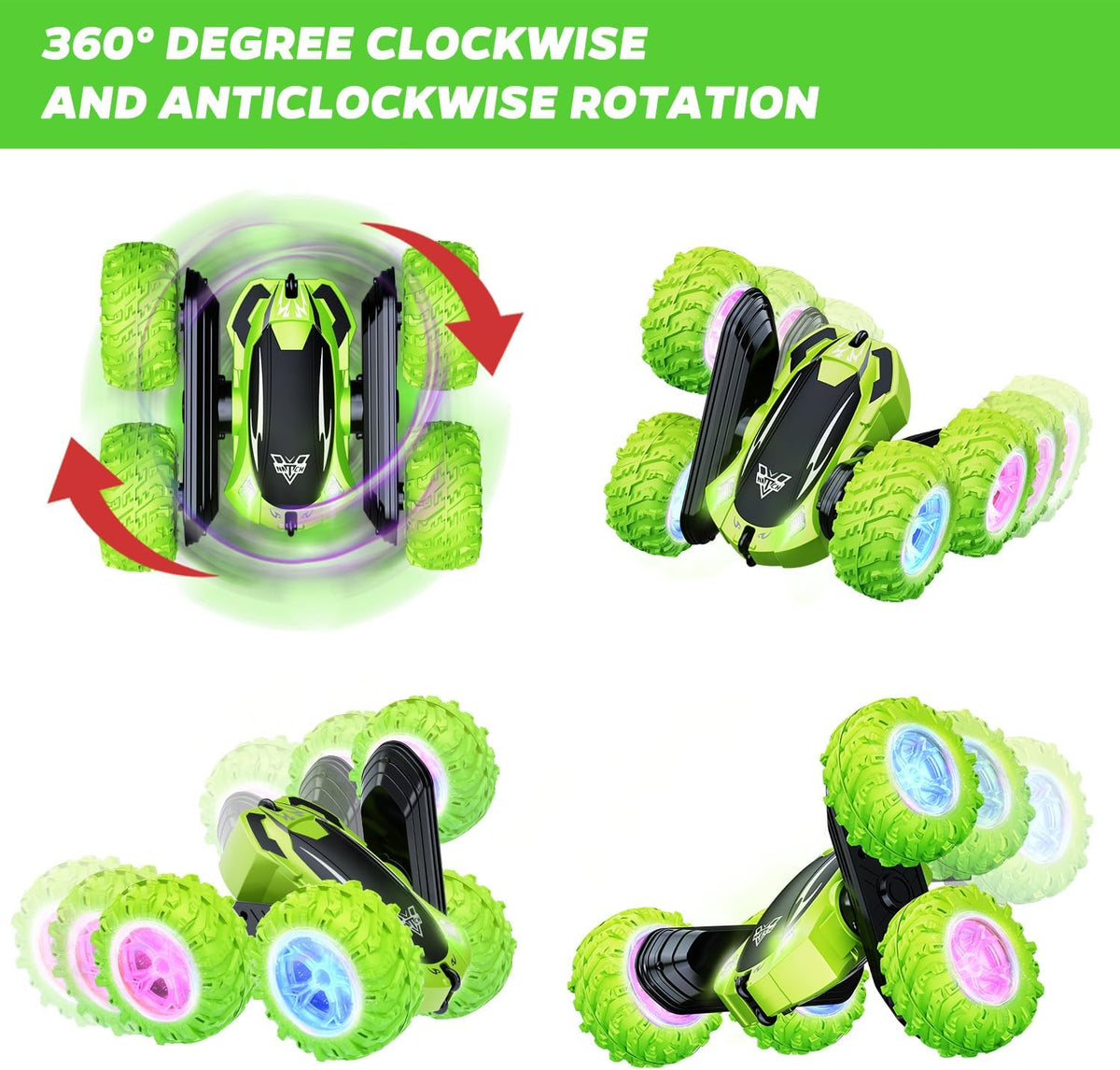 KKONES Remote Control Car, 2.4GHz Electric Race Stunt Car, Double Sided 360° Rolling Rotating Rotation, LED Headlights RC 4WD High Speed Off Road Gift for 3 4 5 6 7 8-12 Year Old Boy Toys (Green)
