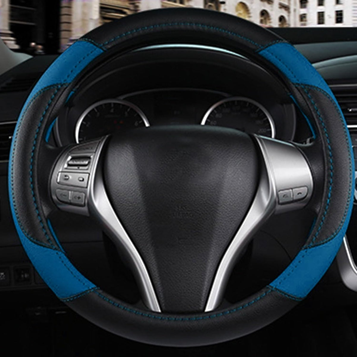 Leather Car Steering Wheel Cover, Non-Slip Car Wheel Cover Protector Breathable Microfiber Leather Universal Fit for Most Cars (Blue-2)