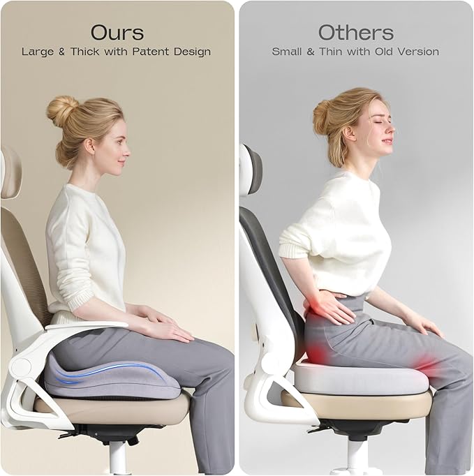 Seat Cushions for Office Chairs - Patented Extra Large Seat Cushion 21.2" W x 16.5" L - Memory Foam Seat Cushion for Tailbone Pain Relief, Sitting Pressure Relief (Light Grey)
