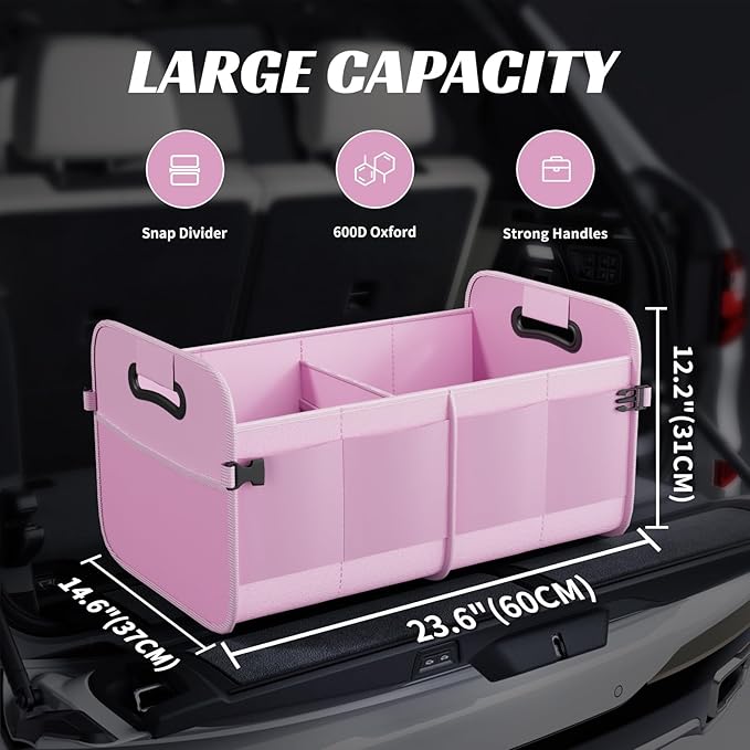 Sposuit Trunk Organizer for Car - 70L Collapsible Car Storage with 11 Pockets & Reinforced Handles, SUV Trunk Organizers for Grocery Cargo(Pink)