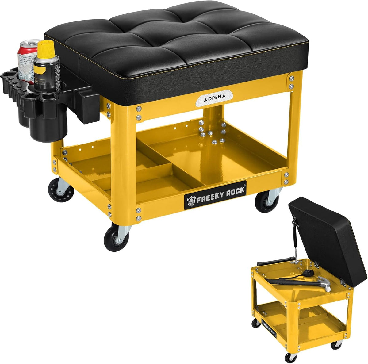 Rolling Mechanic Shop Stool with Wheels, Garage Mechanics Stool with 2 Layer Repair Tools Tray, Padded 360° Swivel Automotive Roller Creeper Seat Shop Chair, Heavy Duty, 330 LBS Capacity, Yellow