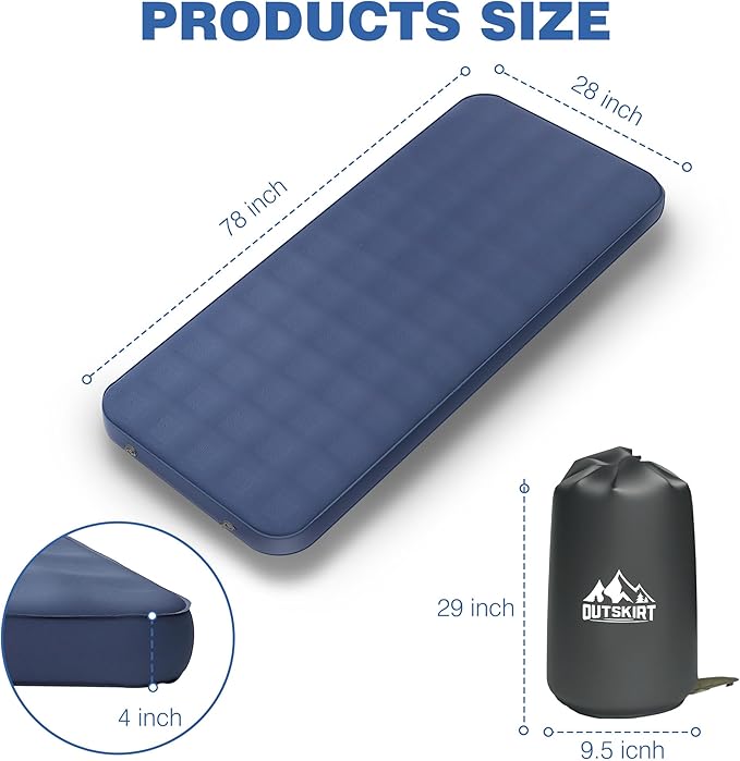 OUTSKIRT Ultralight Self Inflating Sleeping Pad, 4" Thick Camping Mattress with Pump Pack, 9.5 R-Value Insulated Sleeping Mat, Portable Camping Bed for Tent, Car, Truck or Van, 4 Season Camp Mattress